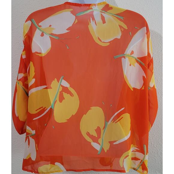 Tea N Rose Orange Floral Open Front Sheer Kimono Medium Roll Tab Sleeves Soft - Picture 3 of 5